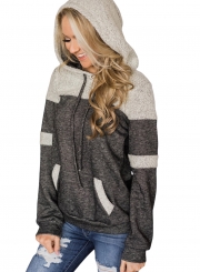 Casual Color Block Long Sleeve Loose Drawstring Hoodie With Pocket