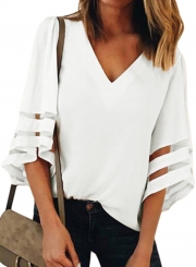 Summer V Neck Flare Sleeve Loose Solid Color Blouse