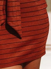 Red Casual Striped Round Neck Long Sleeve Waist Tie Pullover Bodycon Dress