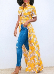 Yellow Summer Floral Print Short Sleeve Waist Tie High Slit Maxi Shirt Dress
