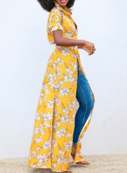 Yellow Summer Floral Print Short Sleeve Waist Tie High Slit Maxi Shirt Dress