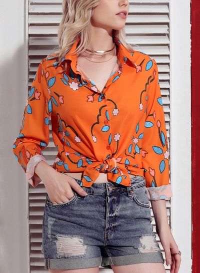 Orange Women's Floral Print Long Sleeve Turn-Down Collar Loose Button Down Shirt STYLESIMO.com