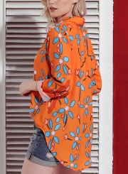 Orange Women's Floral Print Long Sleeve Turn-Down Collar Loose Button Down Shirt