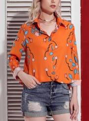 Orange Women's Floral Print Long Sleeve Turn-Down Collar Loose Button Down Shirt