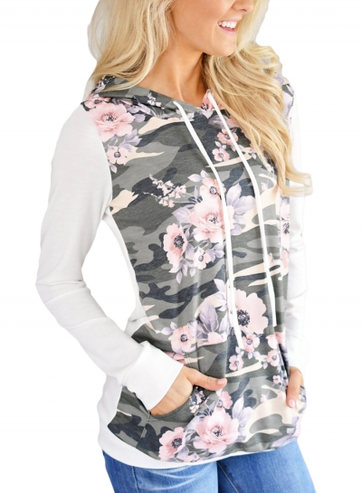 White Casual Floral Print Long Sleeve Loose Hoodie With Pocket