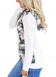 White Casual Floral Print Long Sleeve Loose Hoodie With Pocket