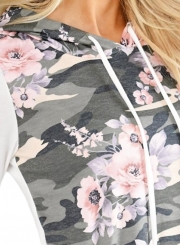 White Casual Floral Print Long Sleeve Loose Hoodie With Pocket