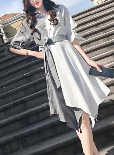 Black&white Casual Half Sleeve Irregular Color Block Midi Dress With Belt