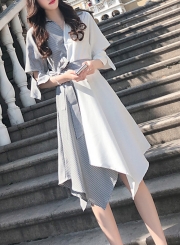 Black&white Casual Half Sleeve Irregular Color Block Midi Dress With Belt