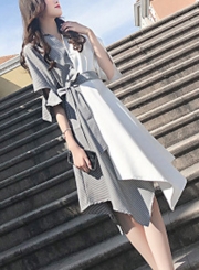 Black&white Casual Half Sleeve Irregular Color Block Midi Dress With Belt