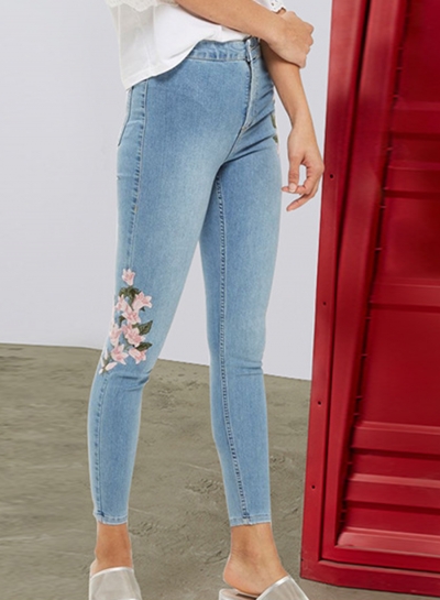 High Waist Slim Jeans Floral Embroidered Denim Pants