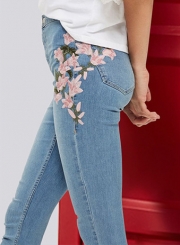 High Waist Slim Jeans Floral Embroidered Denim Pants
