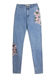 High Waist Slim Jeans Floral Embroidered Denim Pants