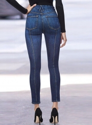 Stretchy Mid Waist Denim Solid Slit Slim Fit Pants