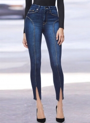 Stretchy Mid Waist Denim Solid Slit Slim Fit Pants