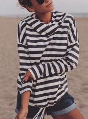 Casual Striped Long Sleeve Slim Pullover Hoodie With Pocket