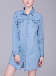 Long Sleeve Long Denim Button Down Shirt With Pockets