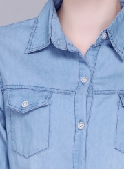 Long Sleeve Long Denim Button Down Shirt With Pockets