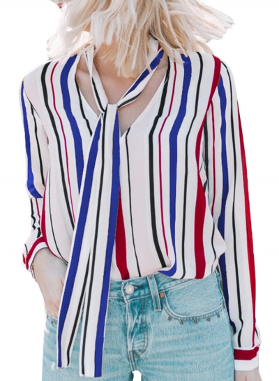 Blue Casual Striped V Neck Long Sleeve Bow Top Loose Blouse LEXELFASHIONINTSHOPS.com