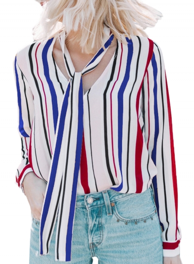 Blue Casual Striped V Neck Long Sleeve Bow Top Loose Blouse