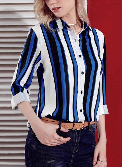 Blue Women's Striped Long Sleeve Turn-Down Collar Loose Button Down Shirt YOUYOUFASHIONEC.com