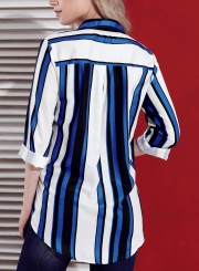 Blue Women's Striped Long Sleeve Turn-Down Collar Loose Button Down Shirt