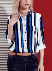 Blue Women's Striped Long Sleeve Turn-Down Collar Loose Button Down Shirt