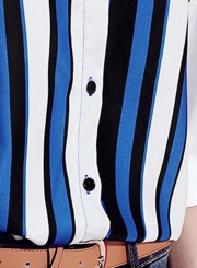 Blue Women's Striped Long Sleeve Turn-Down Collar Loose Button Down Shirt