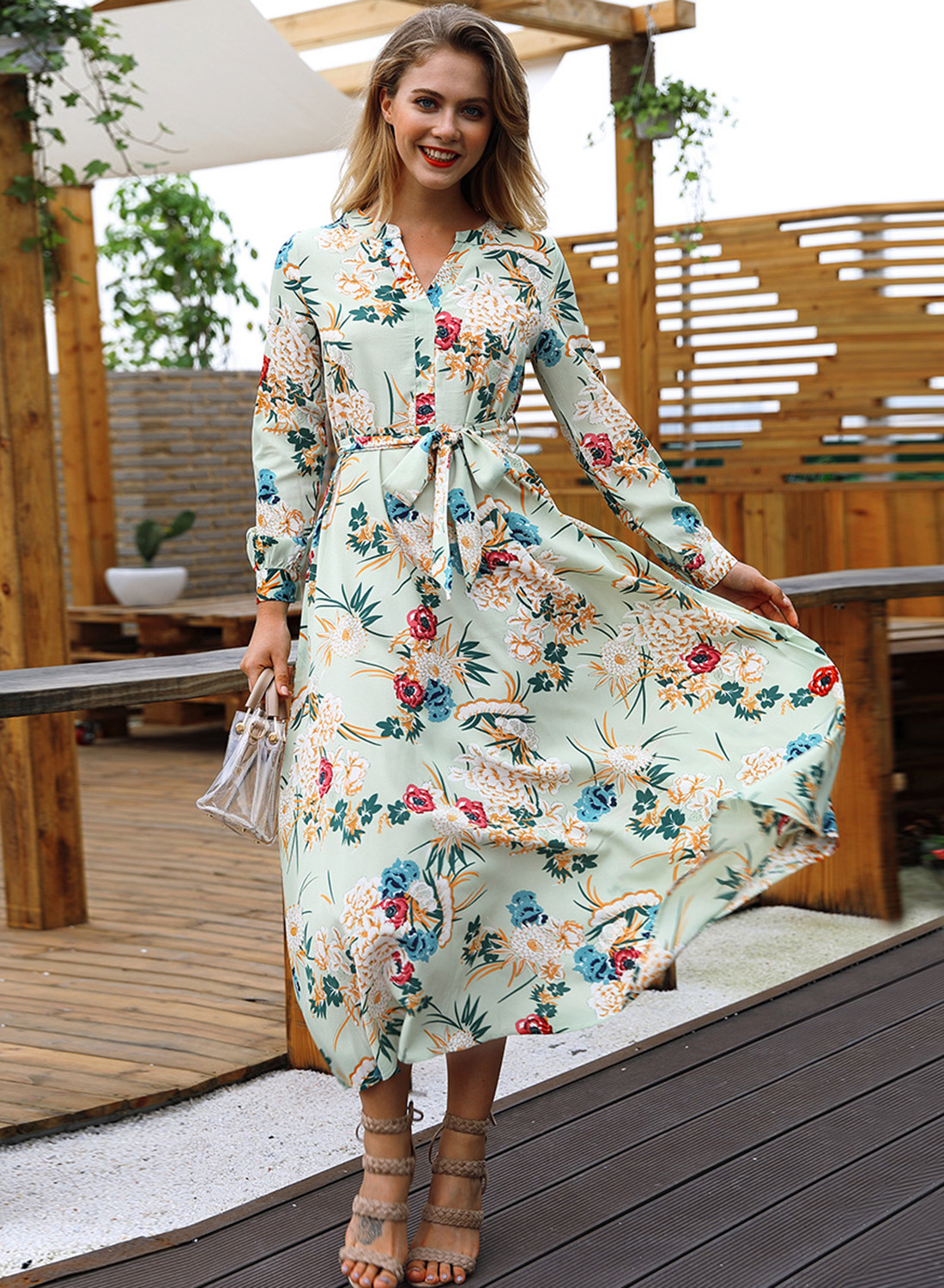 Green Floral Print V Neck Long Sleeve A-line Vocation Maxi Dress With