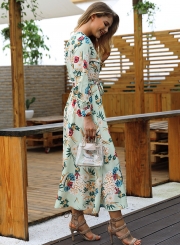 Green Floral Print V Neck Long Sleeve A-line Vocation Maxi Dress With Belt
