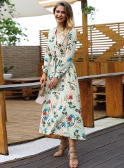 Green Floral Print V Neck Long Sleeve A-line Vocation Maxi Dress With Belt