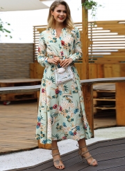 Green Floral Print V Neck Long Sleeve A-line Vocation Maxi Dress With Belt