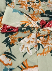 Green Floral Print V Neck Long Sleeve A-line Vocation Maxi Dress With Belt