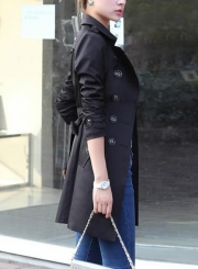 Black Casual Turn-Down Collar Long Sleeve Slim Fit Coat With Belt