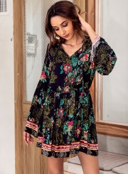 Navy Boho Floral Print V Neck Long Sleeve Elastic Waist Midi Dress