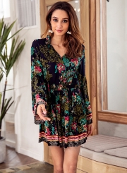 Navy Boho Floral Print V Neck Long Sleeve Elastic Waist Midi Dress