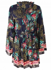 Navy Boho Floral Print V Neck Long Sleeve Elastic Waist Midi Dress