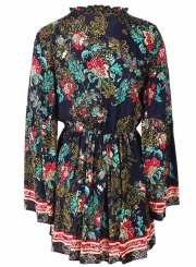 Navy Boho Floral Print V Neck Long Sleeve Elastic Waist Midi Dress