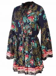 Navy Boho Floral Print V Neck Long Sleeve Elastic Waist Midi Dress