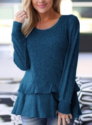 Blue Long Sleeve Round Neck Ruffle Hem Loose Solid Color Knitwear