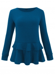 Blue Long Sleeve Round Neck Ruffle Hem Loose Solid Color Knitwear