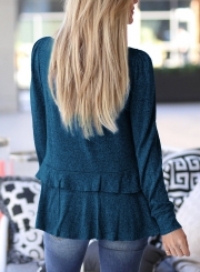 Blue Long Sleeve Round Neck Ruffle Hem Loose Solid Color Knitwear