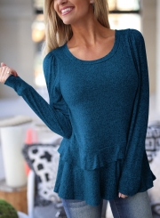 Blue Long Sleeve Round Neck Ruffle Hem Loose Solid Color Knitwear