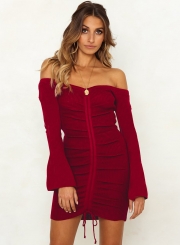 Burgundy Summer Off Shoulder Flare Sleeve Lace-Up Solid Color Bodycon Dress