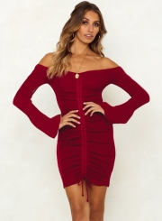 Burgundy Summer Off Shoulder Flare Sleeve Lace-Up Solid Color Bodycon Dress