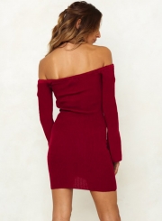 Burgundy Summer Off Shoulder Flare Sleeve Lace-Up Solid Color Bodycon Dress