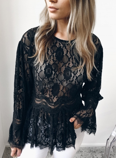 Black Sexy Long Sleeve Round Neck Lace Hollow Out Blouse YOUYOUFASHIONEC.com