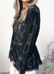 Black Sexy Long Sleeve Round Neck Lace Hollow Out Blouse