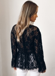 Black Sexy Long Sleeve Round Neck Lace Hollow Out Blouse