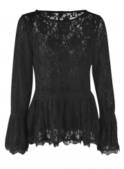 Black Sexy Long Sleeve Round Neck Lace Hollow Out Blouse